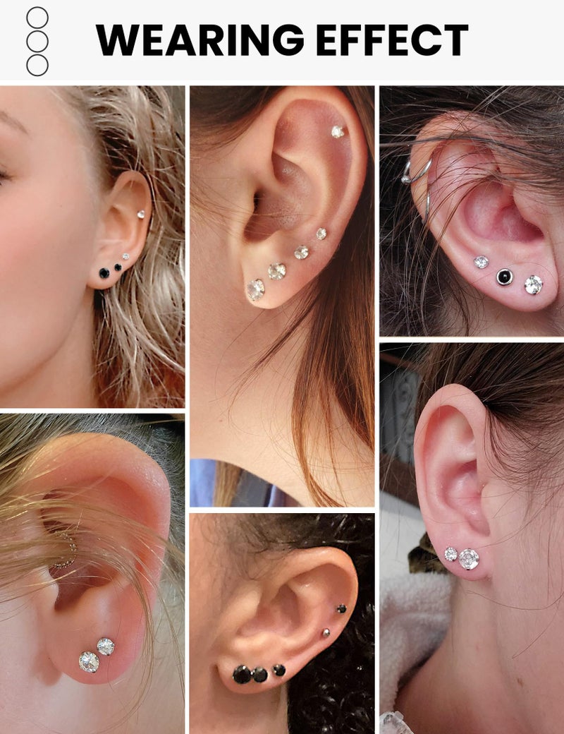 Wssxc 12 Pairs Silver Surgical Steel Earrings, Stud Design, Hypoallergenic, Cubic Zirconia, 3mm-8mm - Image 2